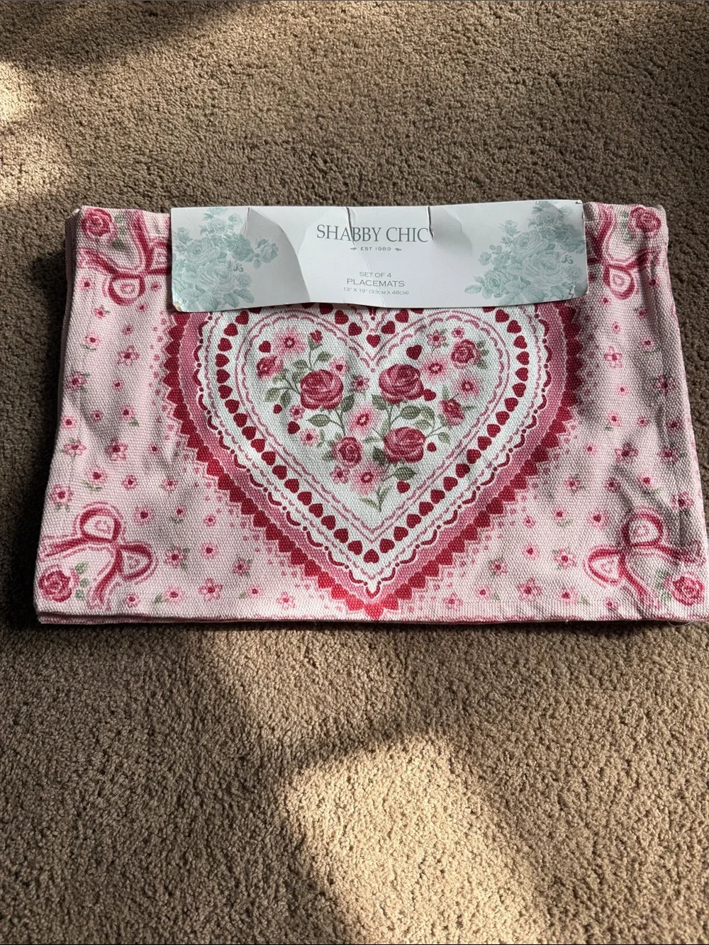 Shabby Chic Rose Heart Pink and White Placemat Set of 4 New